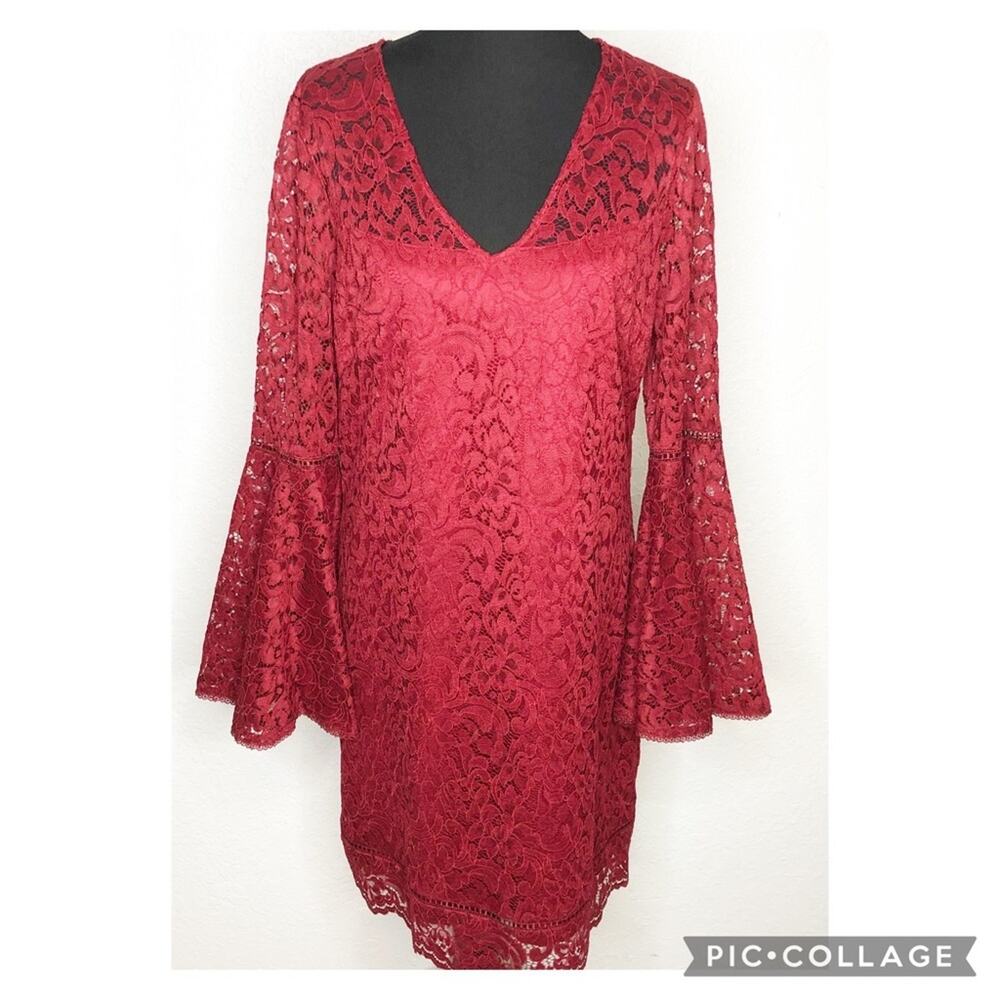 WHBM dark red lace overlay bell sleeve sheath dress size 14